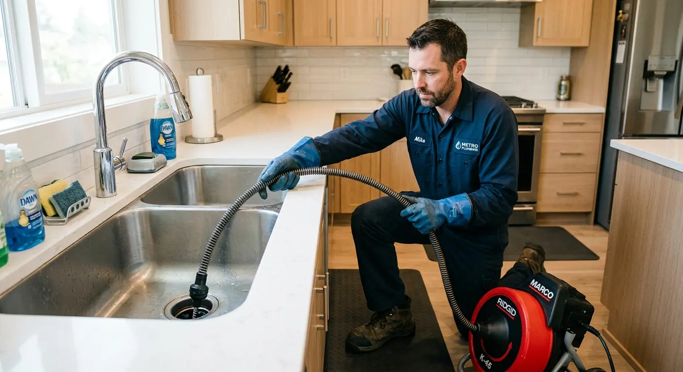 Drain cleaning technician using a motorized snake on a kitchen sink in Calexico
