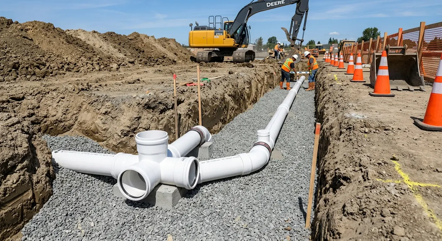 New PVC sewer pipe installation in open trench for Grease Trap Cleaning in Calexico