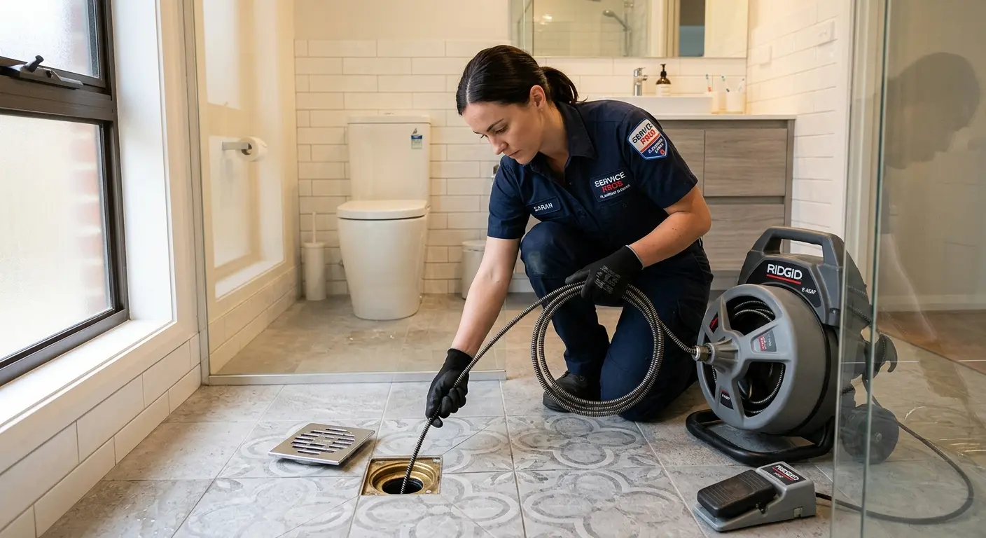 Technician clearing a bathroom floor drain for Sewer Line Installation in Calexico